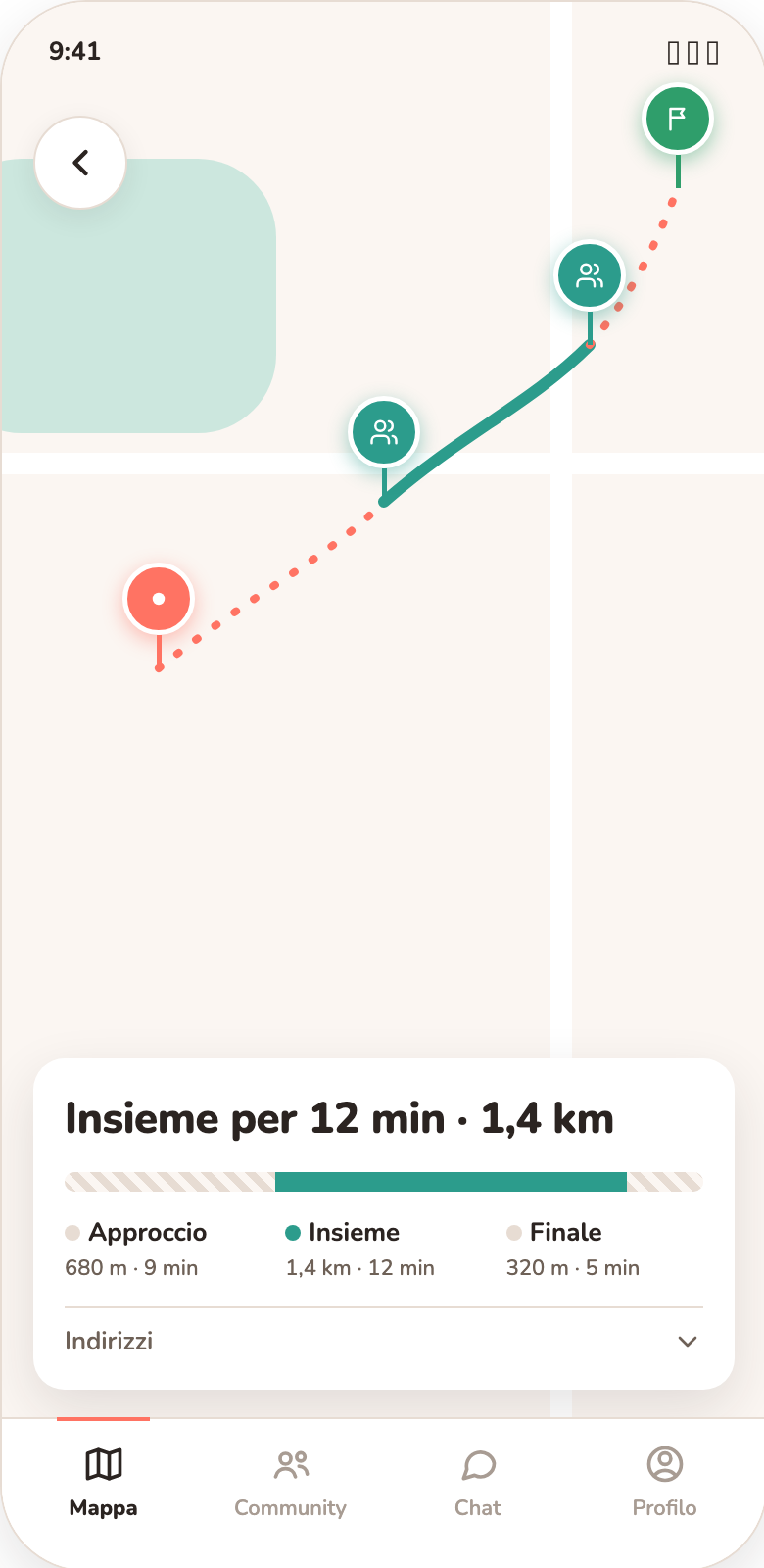 Schermata percorso condiviso, con tratto insieme evidenziato sulla mappa